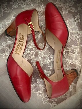 Salvatore Ferragamo Red Leather Mary-Jane Block Heel Pumps